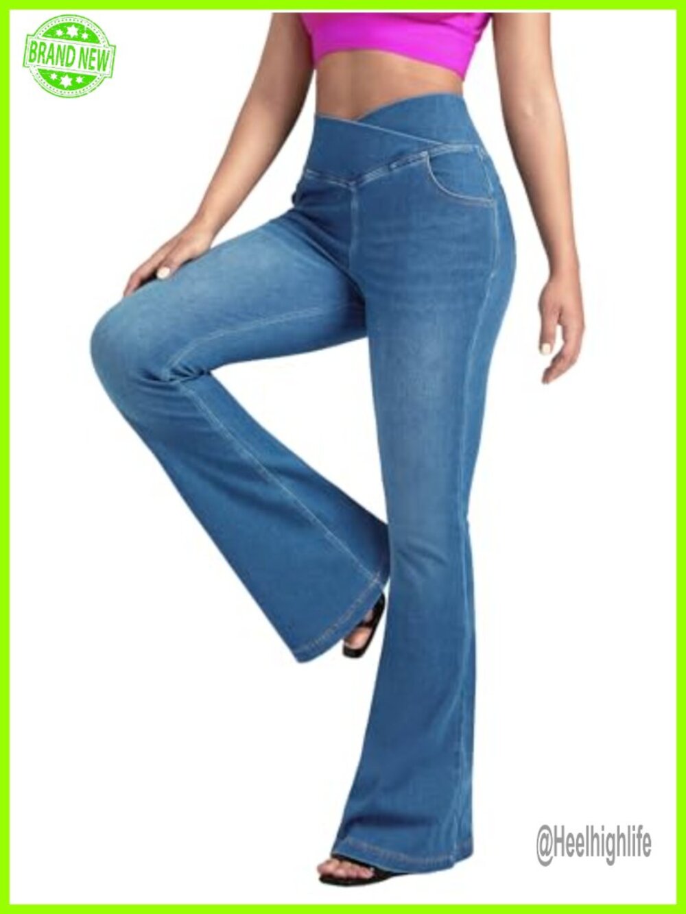 High Rise Crossover Flare Jeans Stretch Knit Denim Bell Bottoms